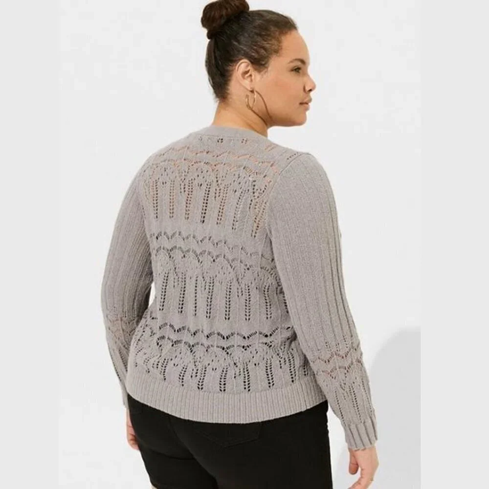 Torrid - Pointelle Cardigan V-Neck Sweater in Formal Gray​​​​ - Picture 11 of 12